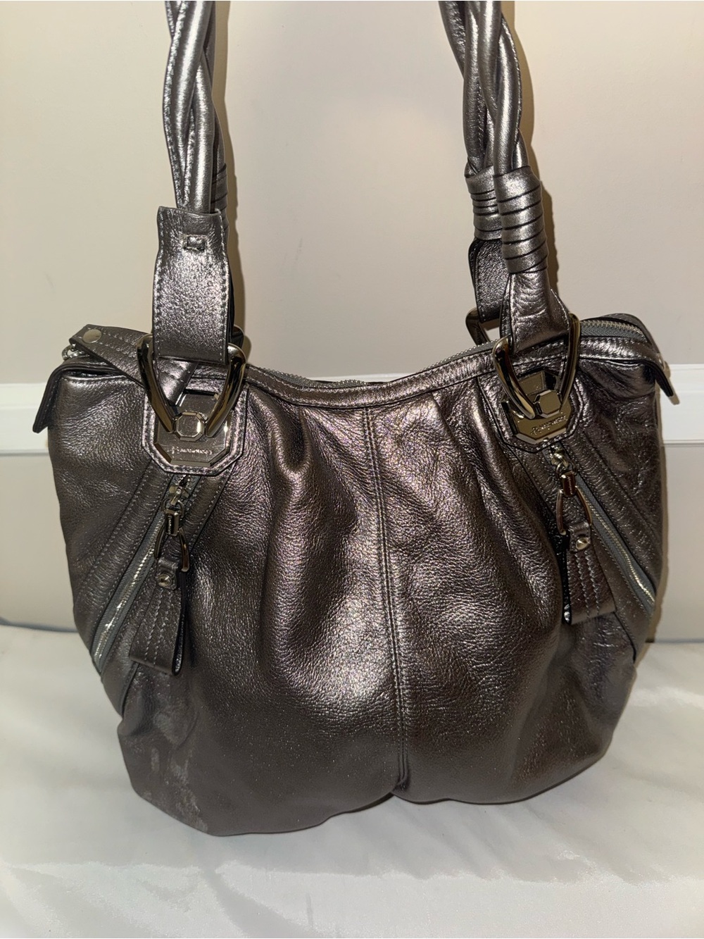 Metallic Pewter Leather Shoulder Bag - Women's Handbag